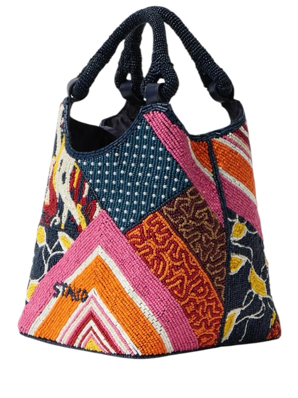 STAUD Cote Beaded Bag Patchwork Foulard Hand Bucket Bag Multicolor Designer NWT - Picture 2 of 7